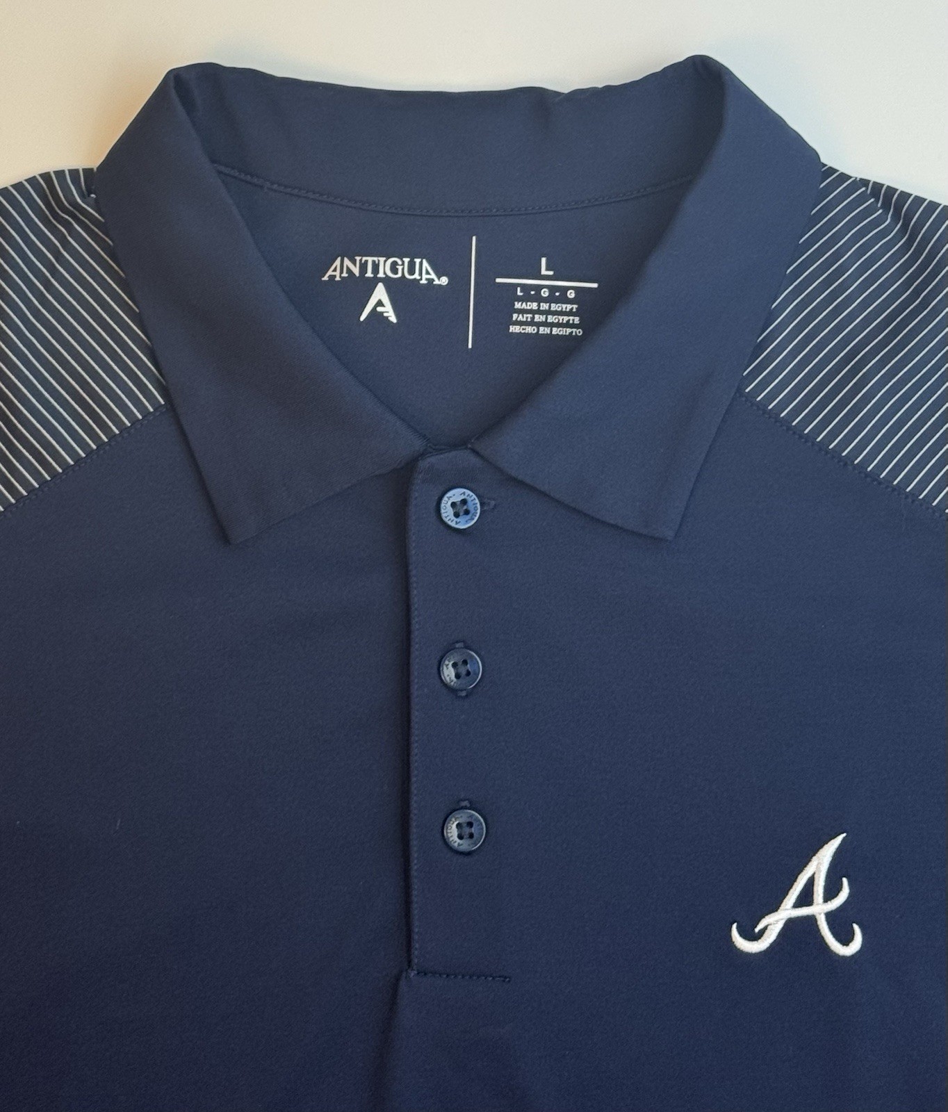 Atlanta Braves MLB Baseball Antigua Performance Polo Blue Striped Shirt Mens L