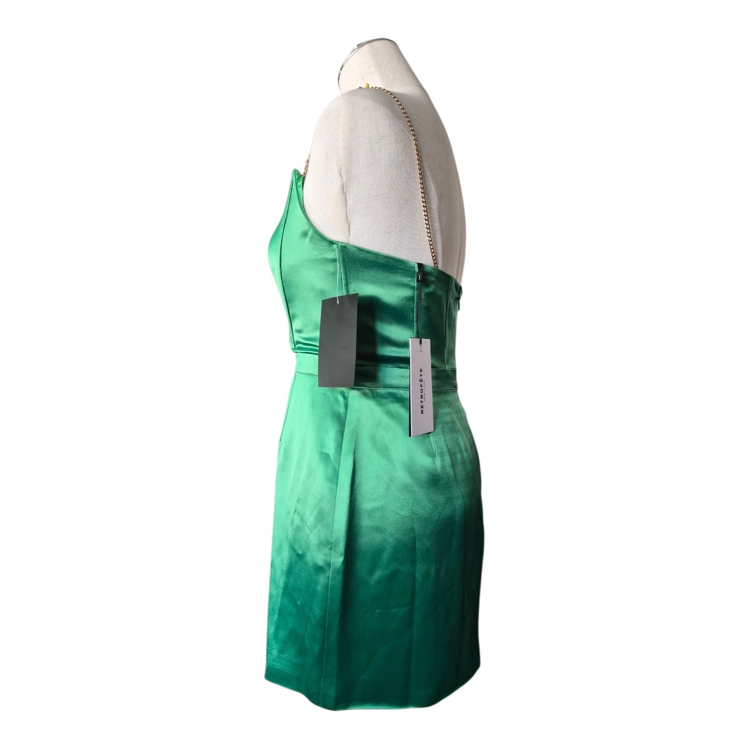 Retrofete Easton Chain Strap Mini Dress Green Satin Size Small NEW Flawed