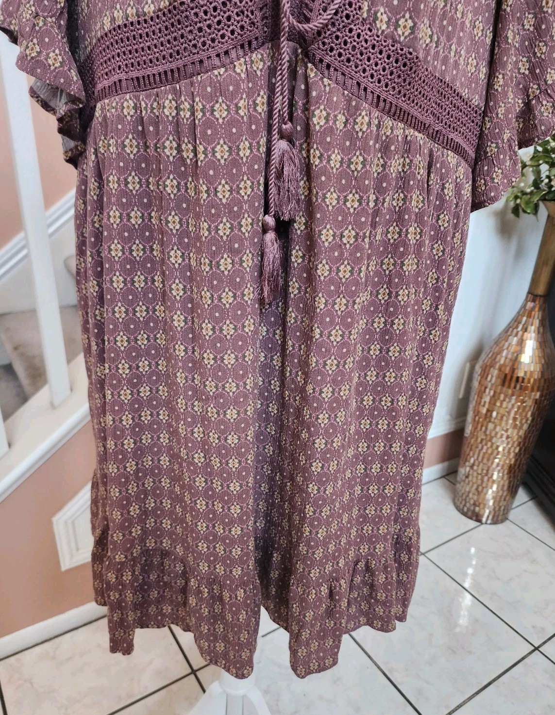 TORRID Mauve Print Crochet Trim Lace Up Short Sleeve Boho Dress Sz 3 3X 22-24