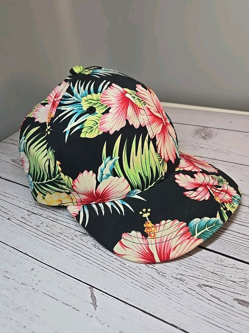 Floral Tropical Vacation Theme Black Hat Flowers Adjust Adult Size Baseball Hat