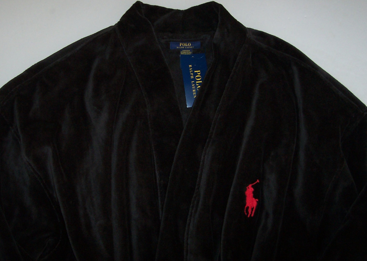 NWT Polo Ralph Lauren SOLID BLACK Cotton Velour 48″ Robe Men’s L/XL RED PONY