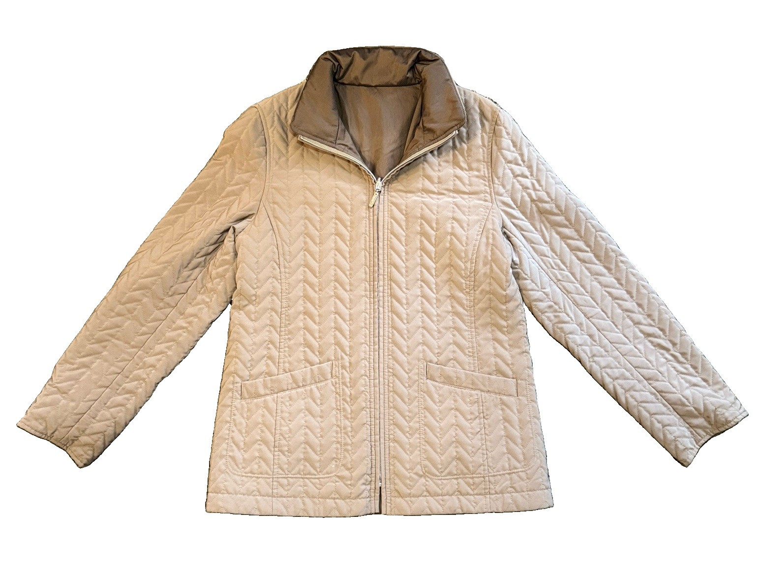 Gallery Womens Small Reversible Quilted Jacket Beige Tan Full Zip Chevron Coat