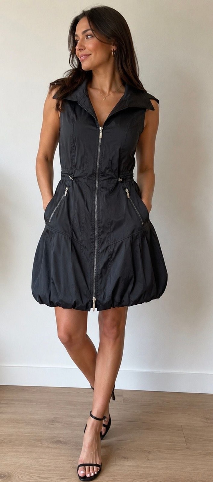 Joseph Ribkoff Sleeveless Zip-Front Taffeta Bubble Hem Mini Dress
