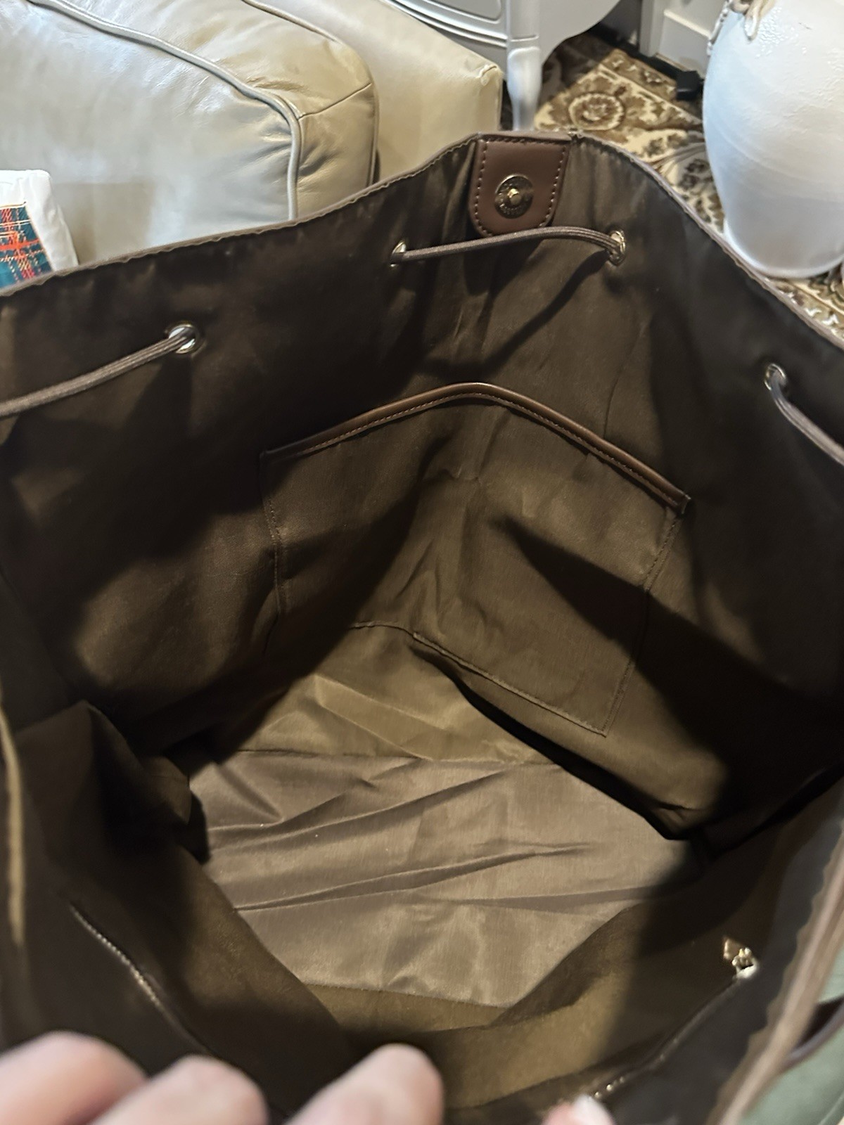 Inside Out Women Brown Bucket Drawstring Bag | Detachable Strap | Gold | Pockets