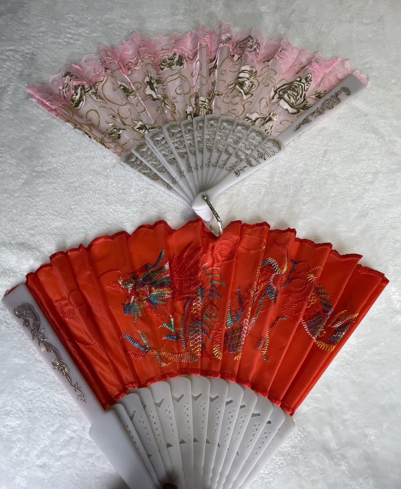 2 Decorative Hand Fans Fabric & Plastic Pink Red Party Chinese