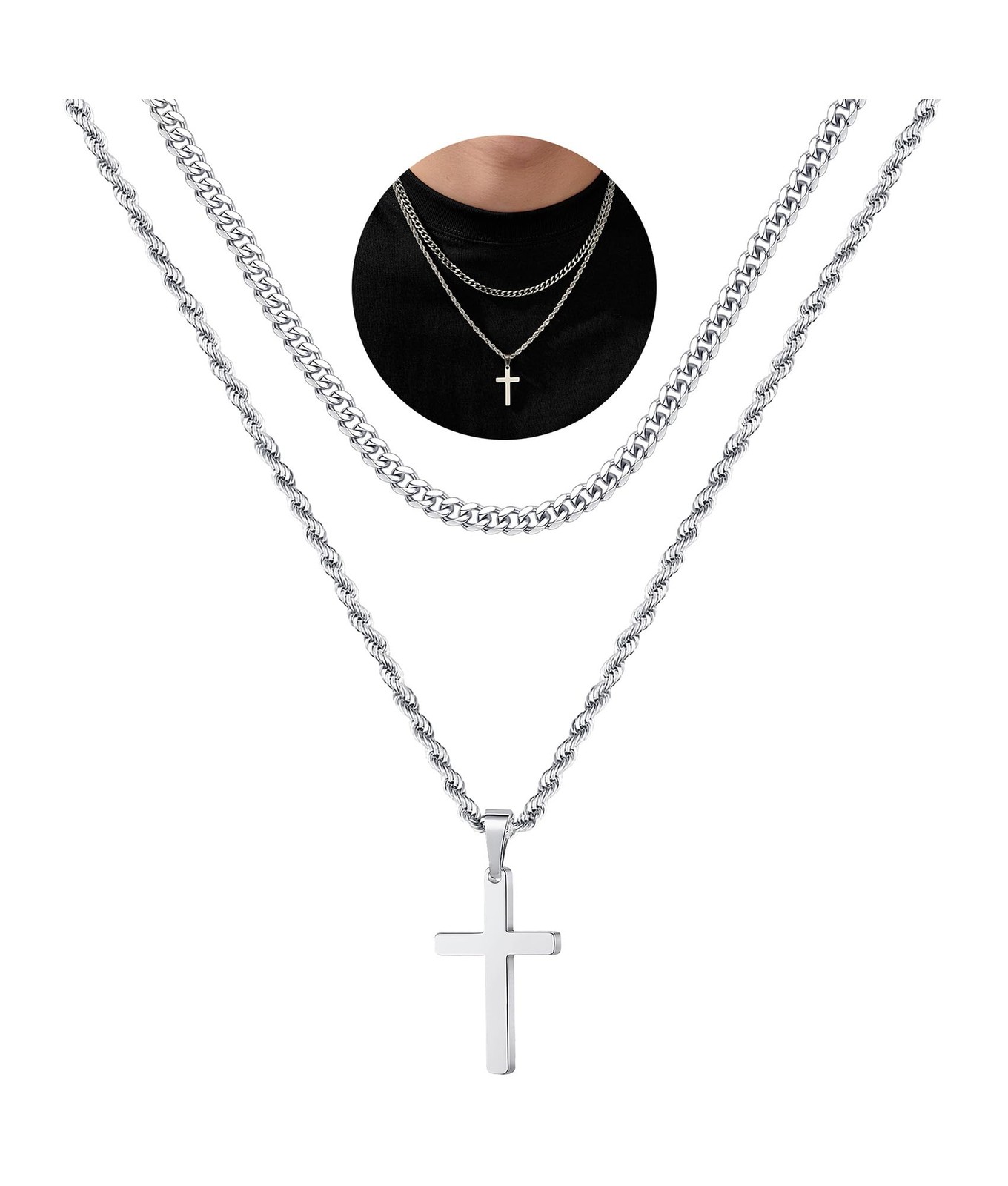 Yooblue Cross Necklace for Men – Stainless Steel 18-20 inches, “Silver