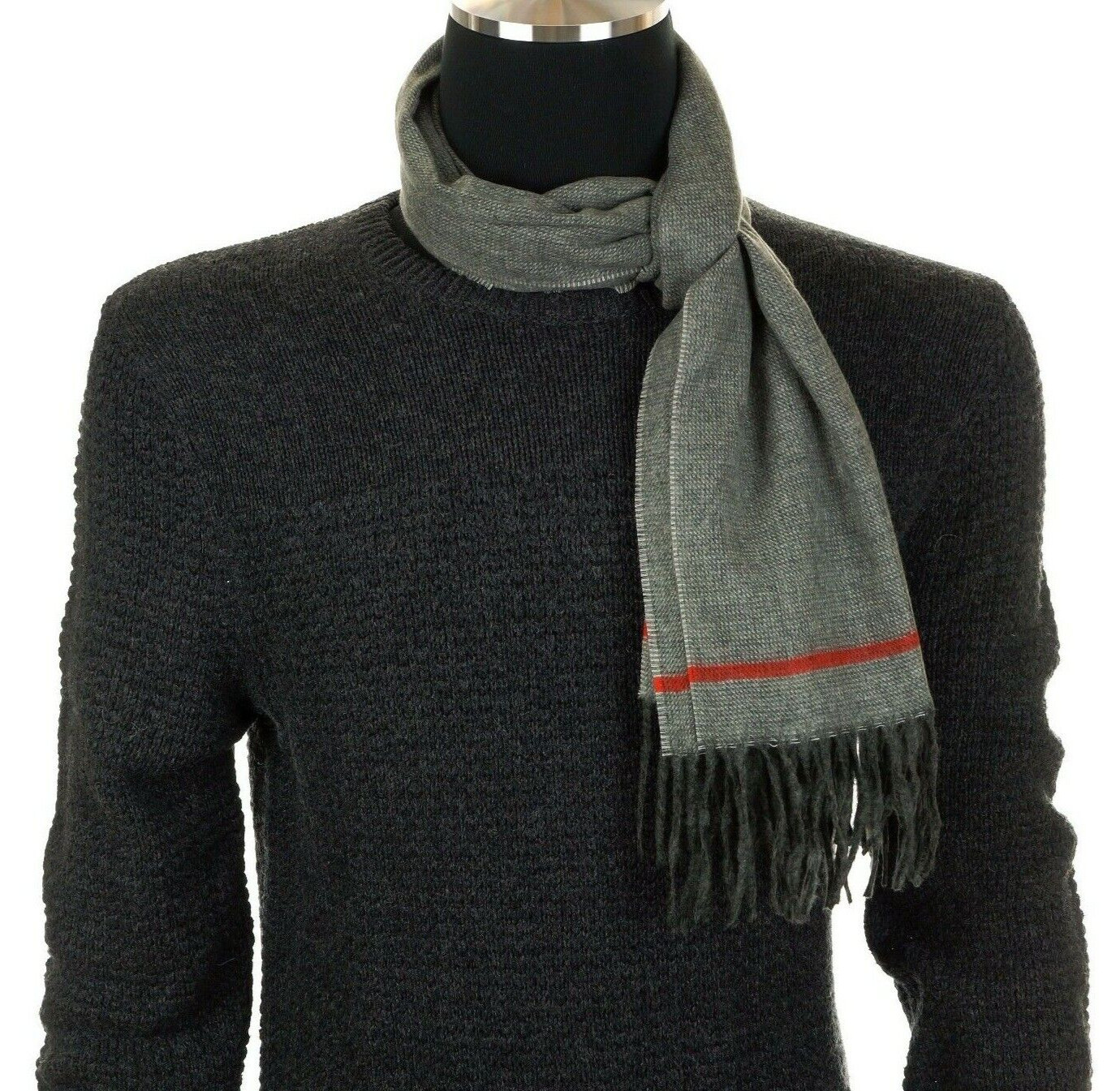 STAFFORD Men’s HEATHER GRAY Winter SCARF with RED-ORANGE STRIPE Charcoal FRINGE