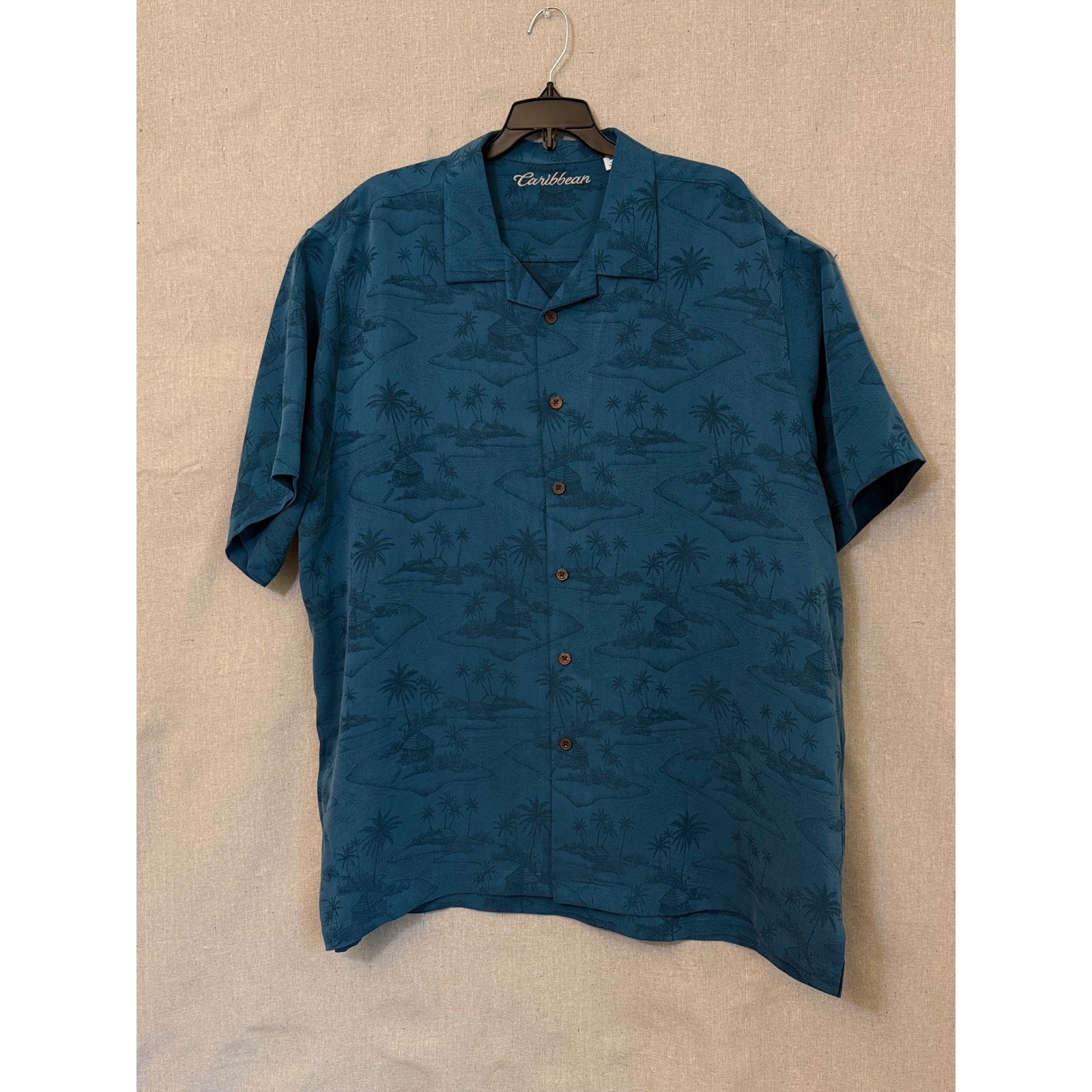 Caribbean Mens XXL Teal Blue Tropical Palm Tree Island Print Camp Shirt S/S