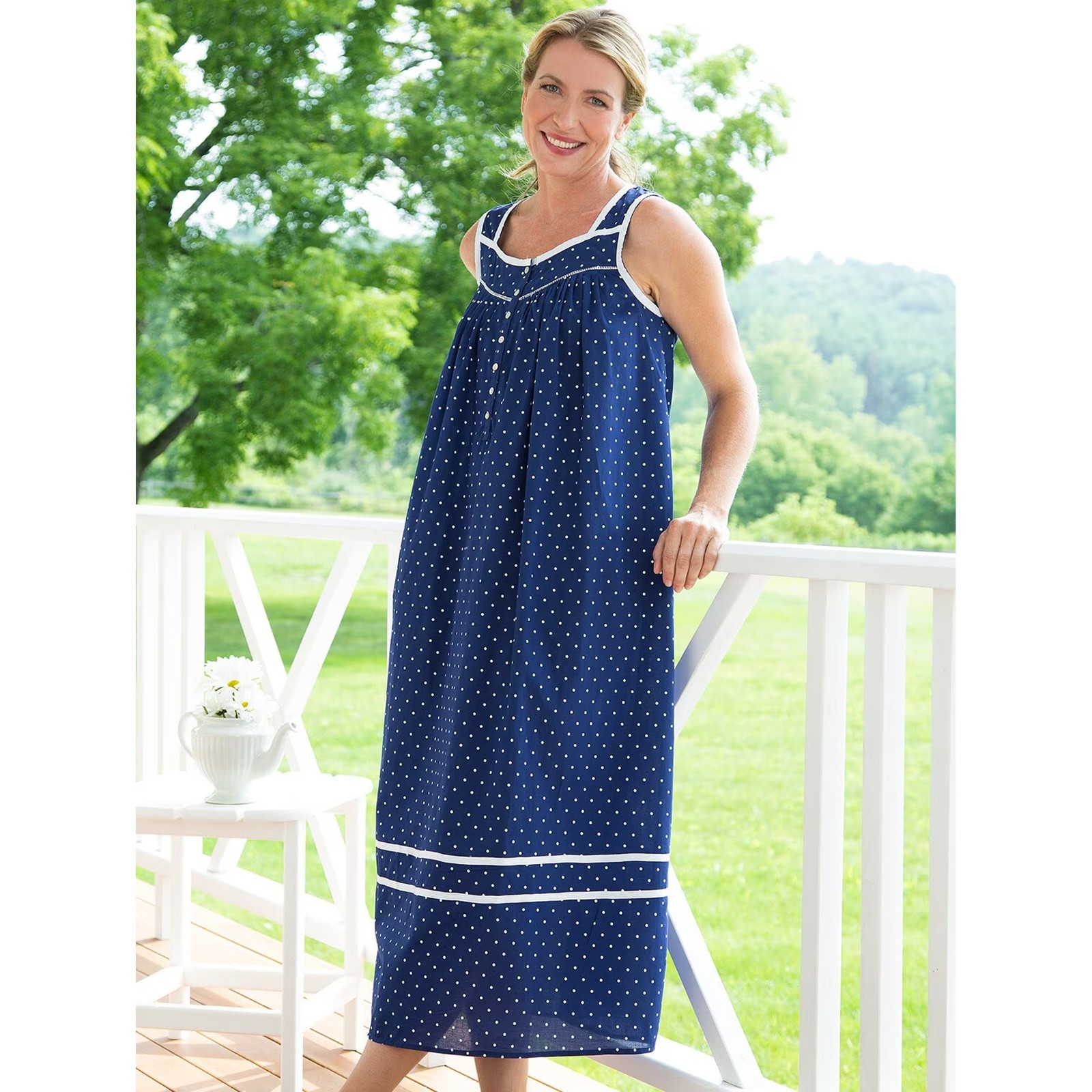 Eileen West Nautical Blue Polka-Dot Cotton Nightgown