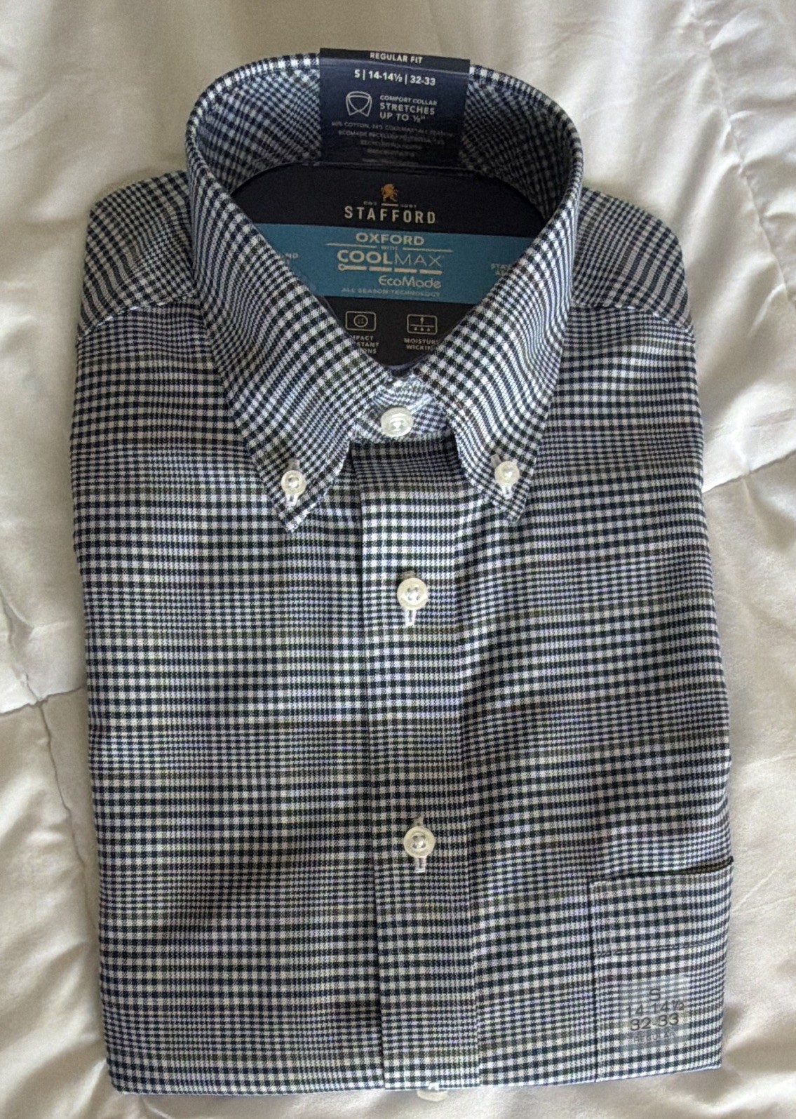Stafford Oxford COOLMAX Wrinkle Free Dress Shirt Blue/White 14-14.5 32/33