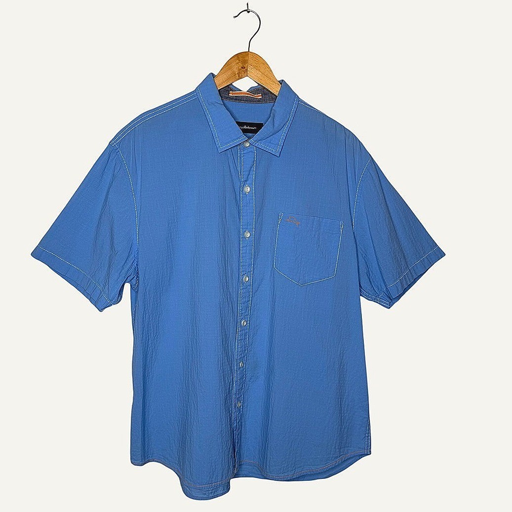 Tommy Bahama Shirt Mens XL Blue Seersucker Cotton Blend Contrast Stitch Camp