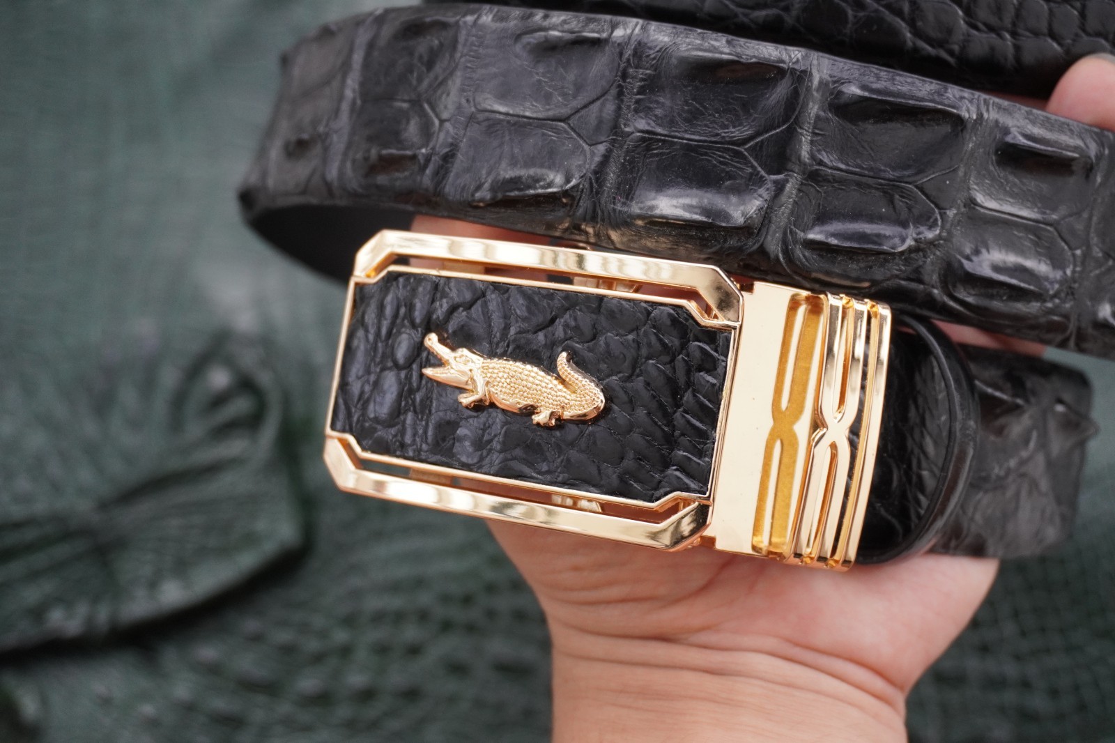 Black Genuine CROCODILE Hornback LEATHER Skin Men’s Belt -W 1.3 inch # T60