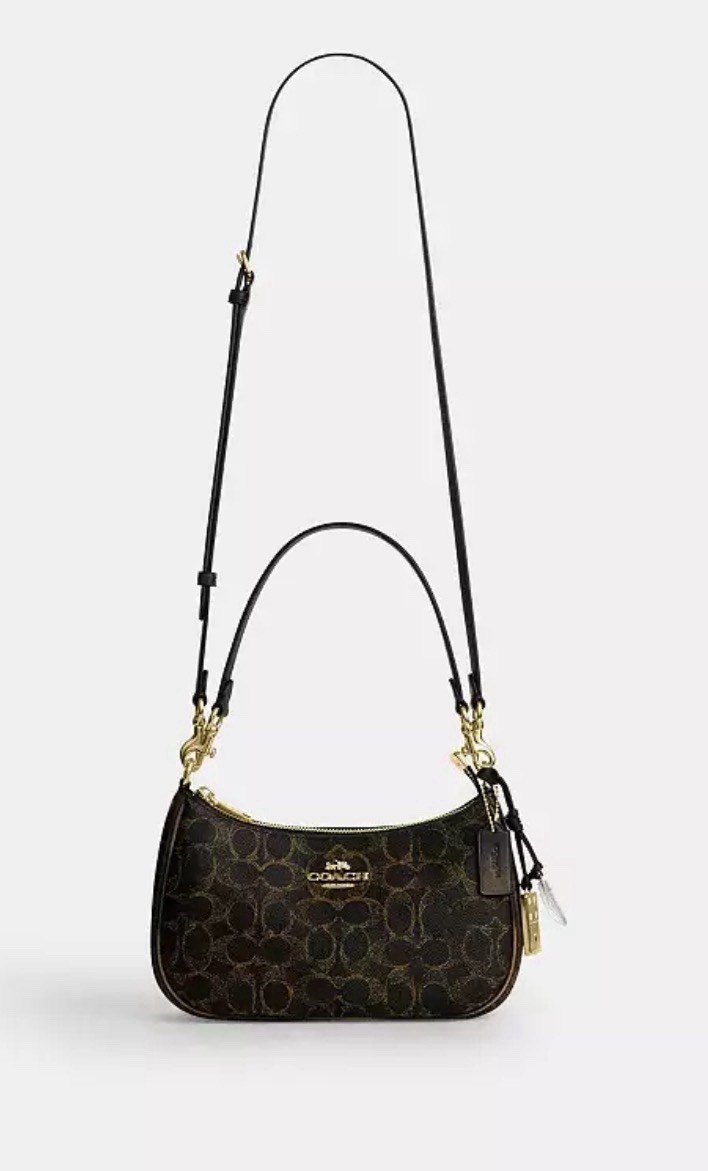 Coach Teri Small Brown Signature Logo Crescent Shoulder Bag Zip w/ Charm Strap