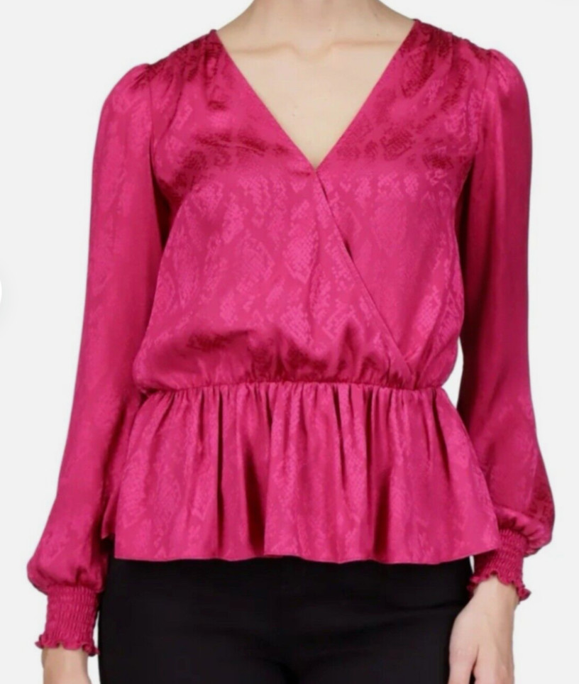 Michael Kors Jacquard Print Faux Wrap Peplum Top Deep Fuchsia NWT Retail $110- M