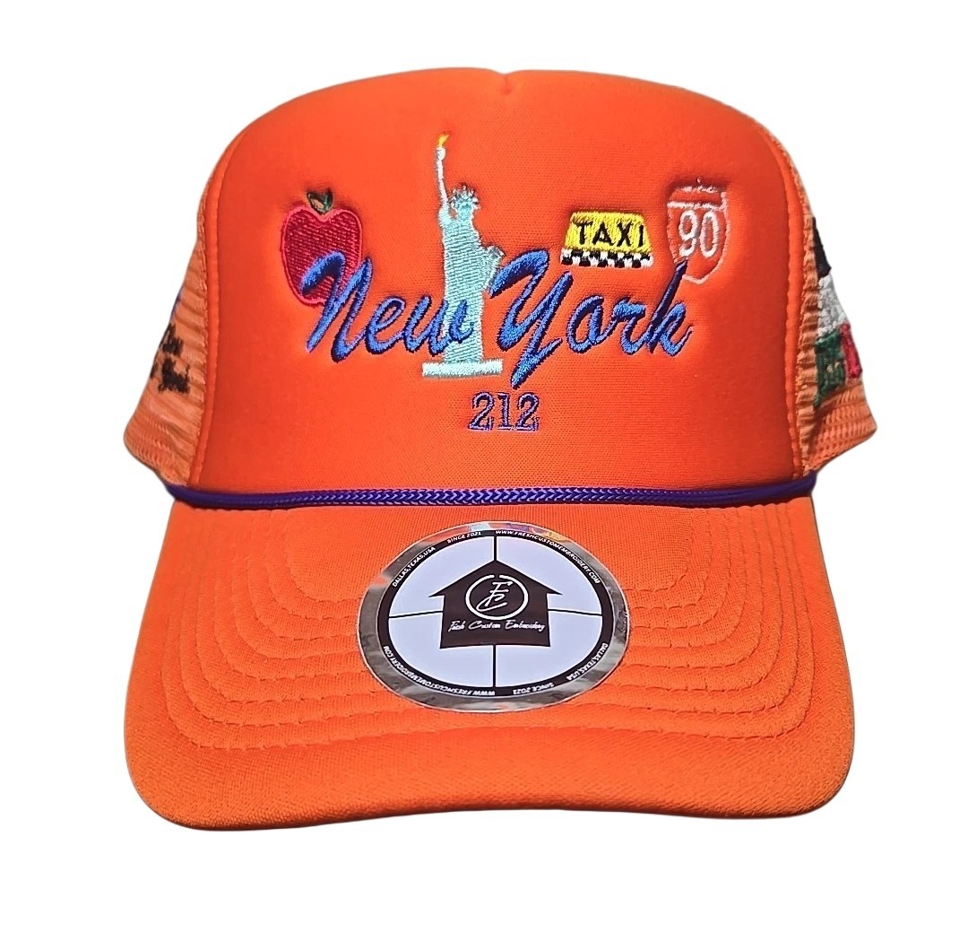 Fresh Custom Embroidery New York City Series Orange Blue Trucker Hat Snapback