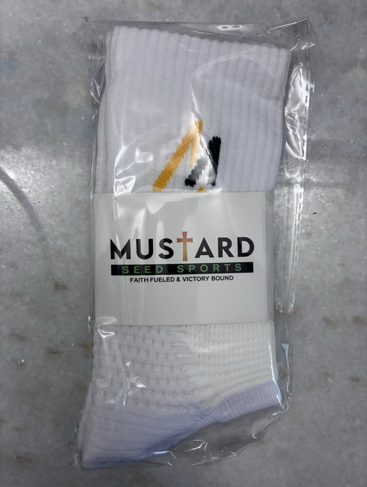Mustard Seed Sports Men’s White Mid-Calf Crew Socks Cross Logo, 1 Pair