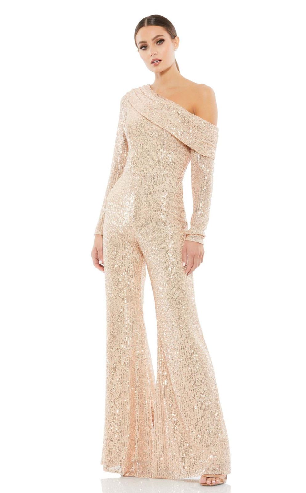 Mac Duggal Ieena NEW Sequin One-Shoulder Long-Sleeve Nude/Silver Jumpsuit sz 10