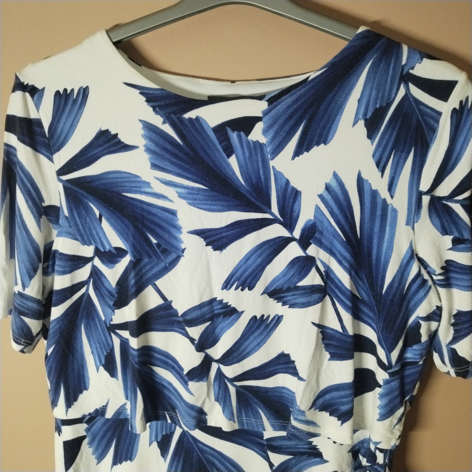 Phase Eight Dress Size 16 White Navy Eloise Palm Print Shift Bodice Layer Ruched