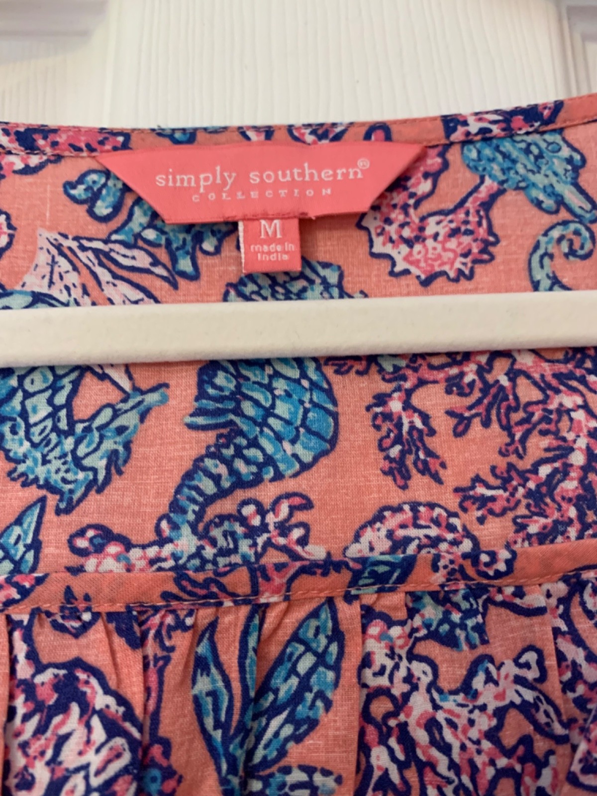 Simply Southern Pink Sleeveless w/ Ruffles Top Beach Seahorse – Size Medium NWT