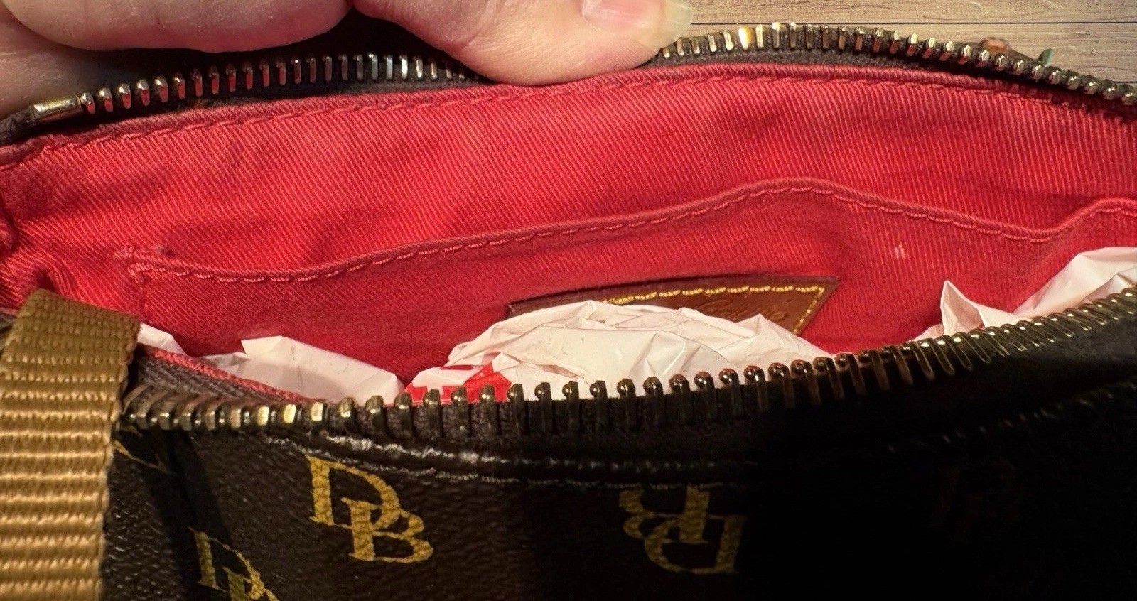 Dooney Bourke Gretta Lexi Small Crossbody Bag Dark Brown T’Moro DB Logo Monogram