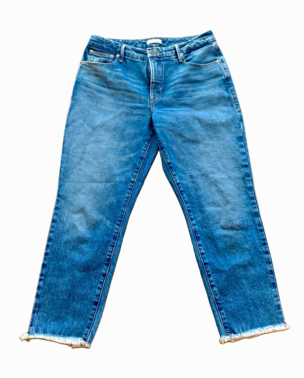 Good American Women’s Blue Medium Wash Denim Straight Jeans Raw Hem 8/29