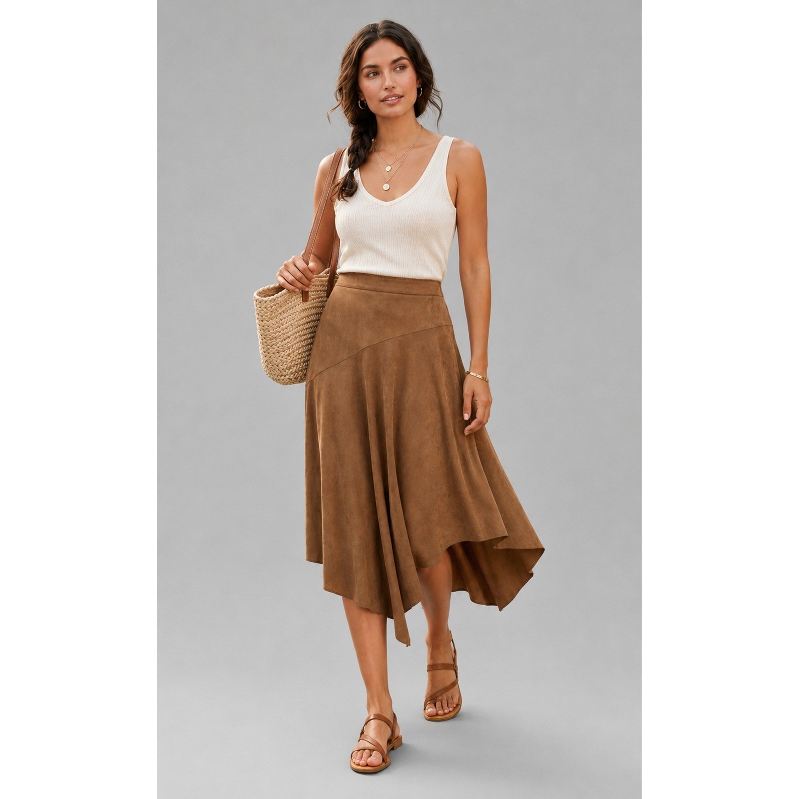 NWT Soft Surroundings Faux Suede Skirt Saddle Brown Handkerchief Hem L