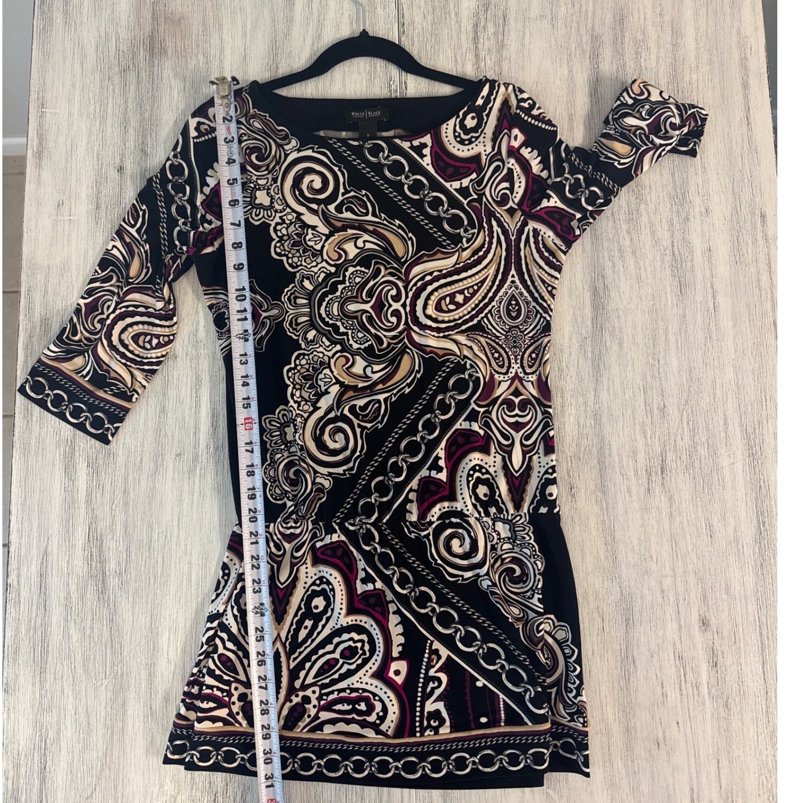 White House Black Market Paisley Chain Print 3/4 Sleeve Sheath Dress Small Black