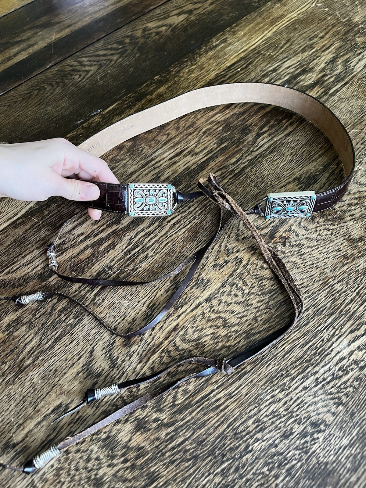 Brighton Western Belt Womens Size Medium M Black Croc Turquoise Embellished