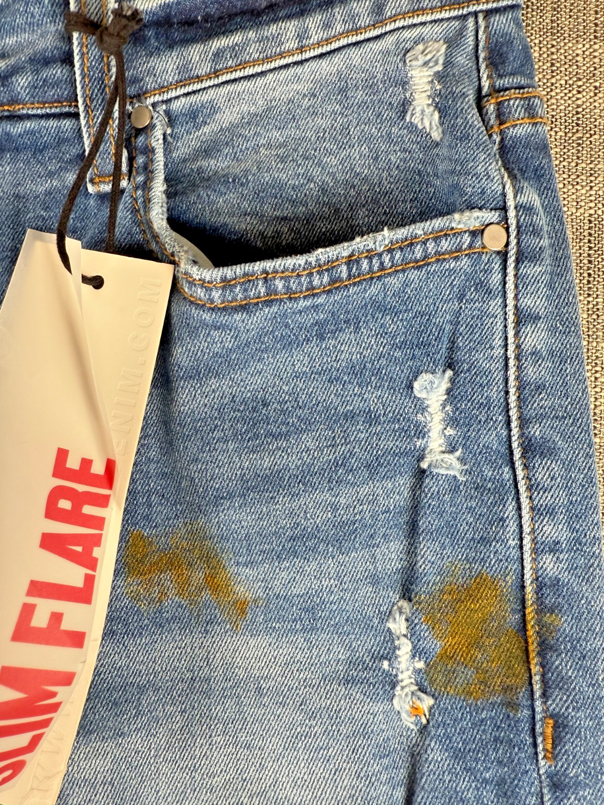 Size 30 x 33 – First Row Denim Paint Splatter Slim Flare Jeans Distressed Hems