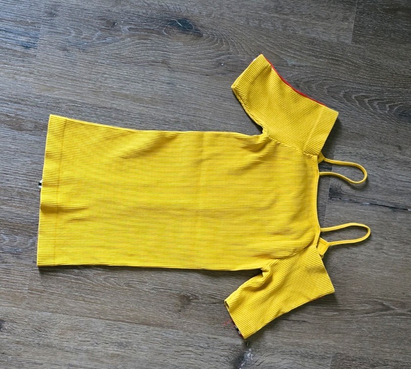 Yellow Ribbed Knit Cold Shoulder Square Neck Spaghetti Strap Top One Size