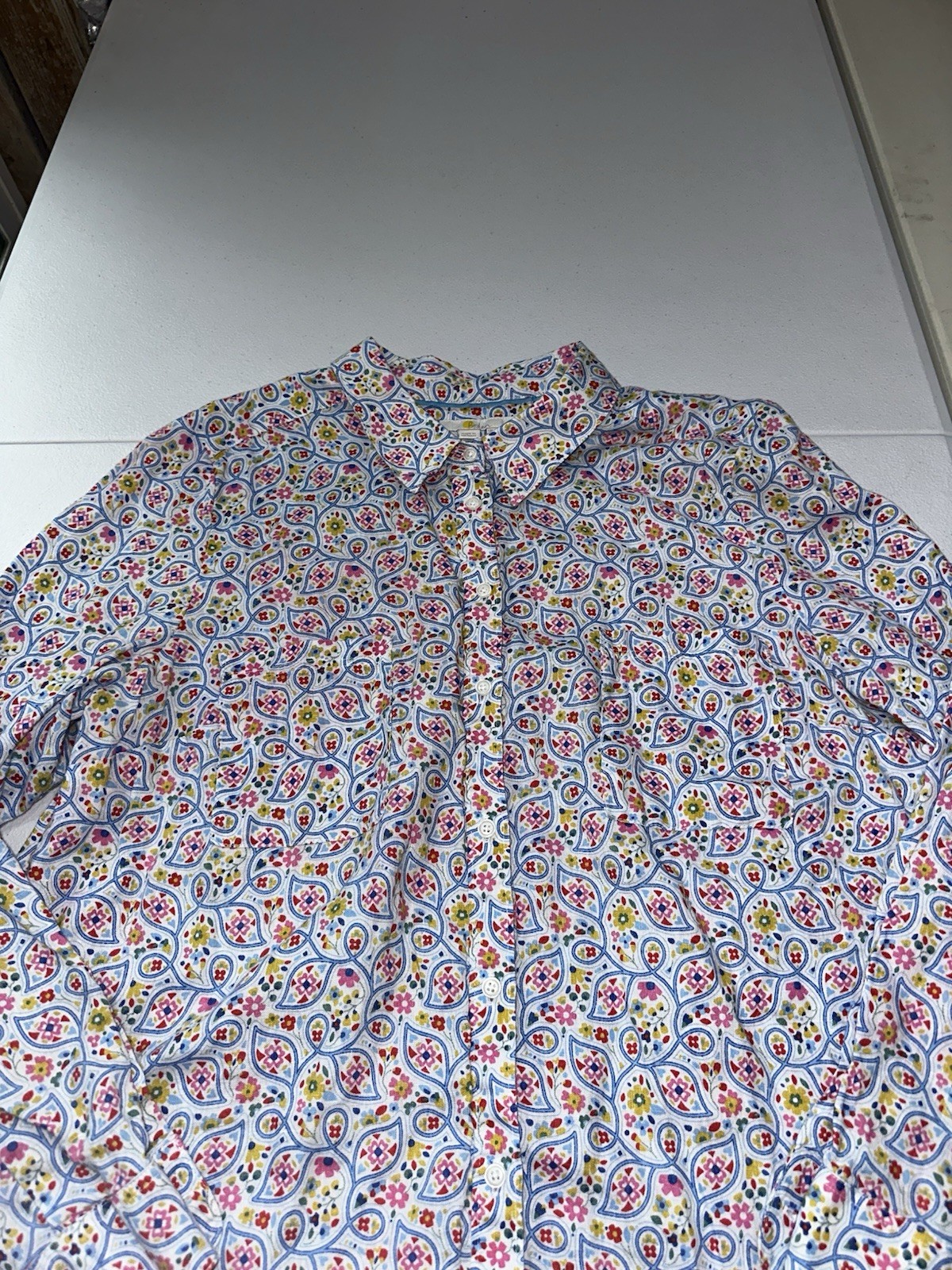 Boden Shirt Size US 14R Linen Floral Blouse Button Up Long Sleeve Beach Resort