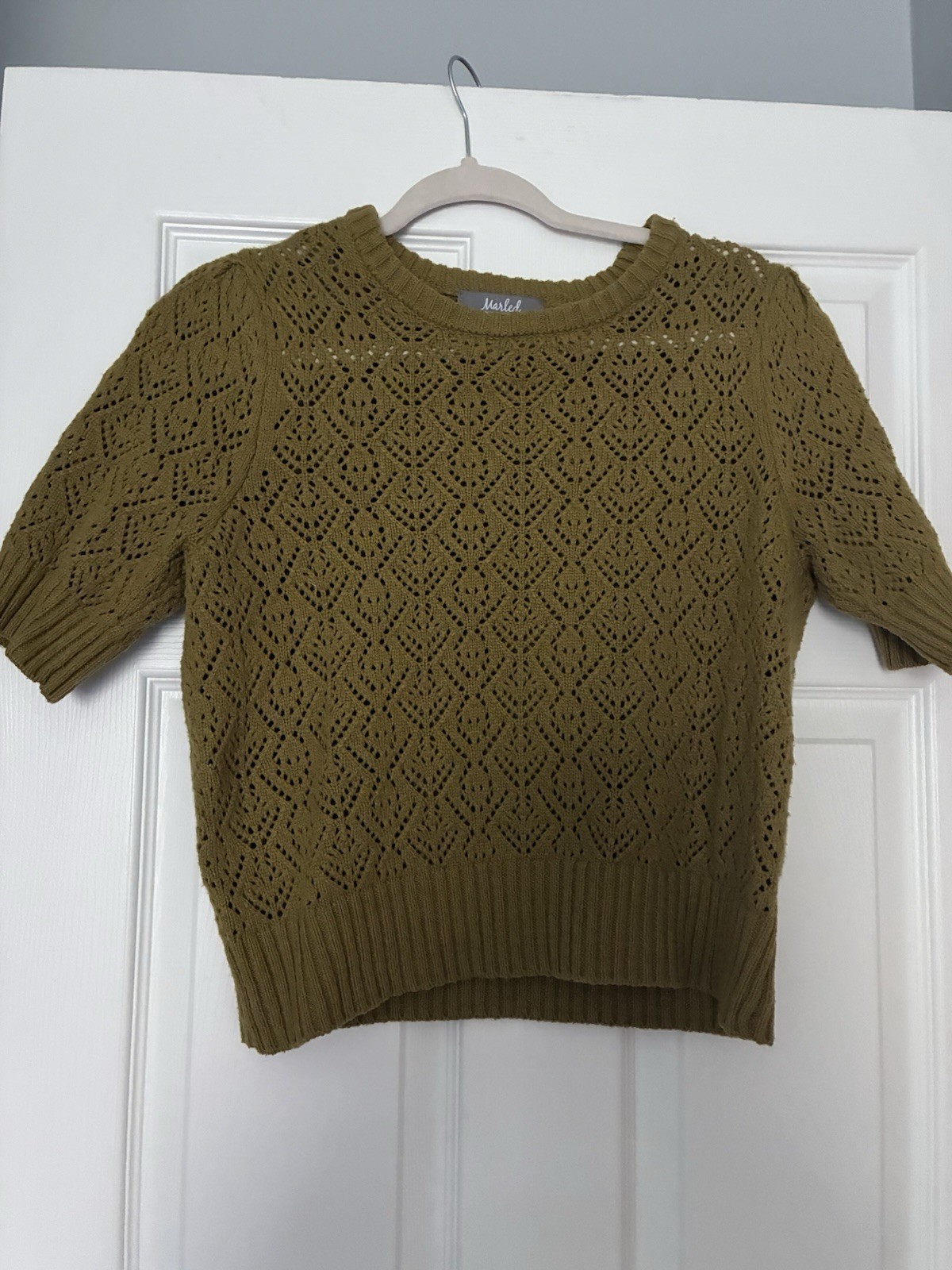 Marled Olive Green Openwork Knit Pullover Sweater M Crew Neck Short Sleeve