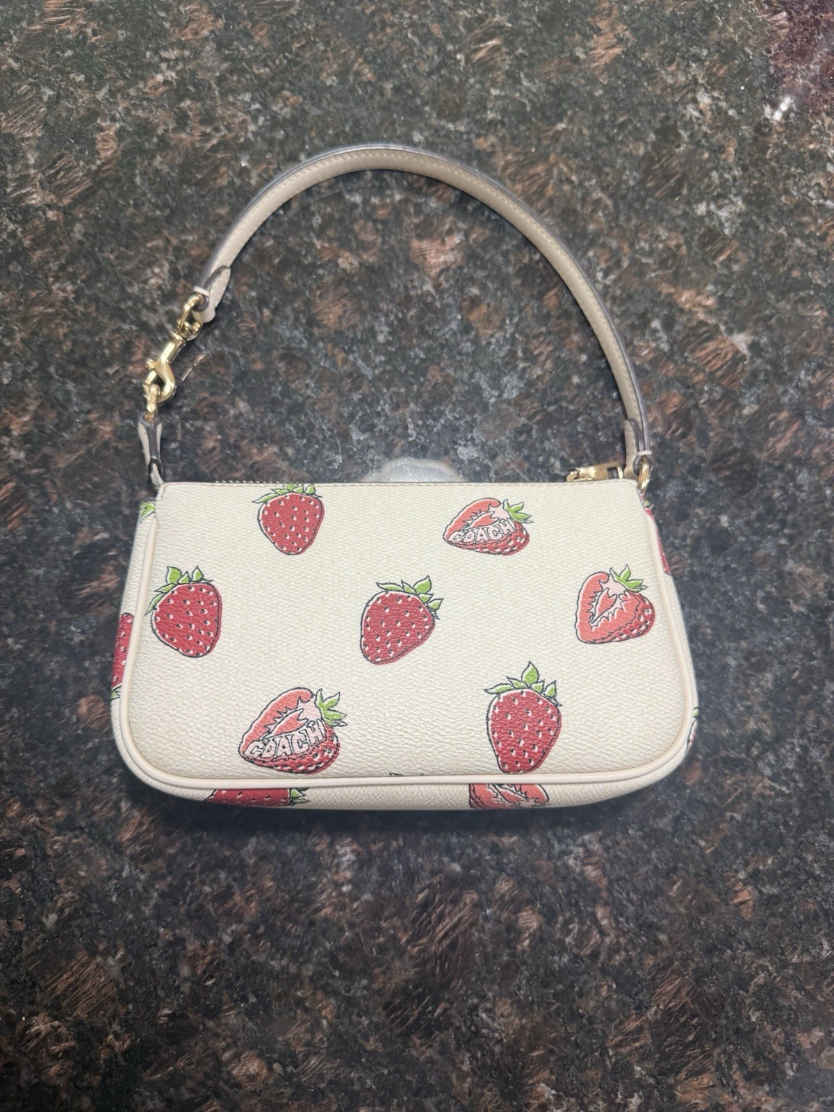 Coach Strawberry Print Zip Baguette Top Handle Bag w/ Detachable Strap