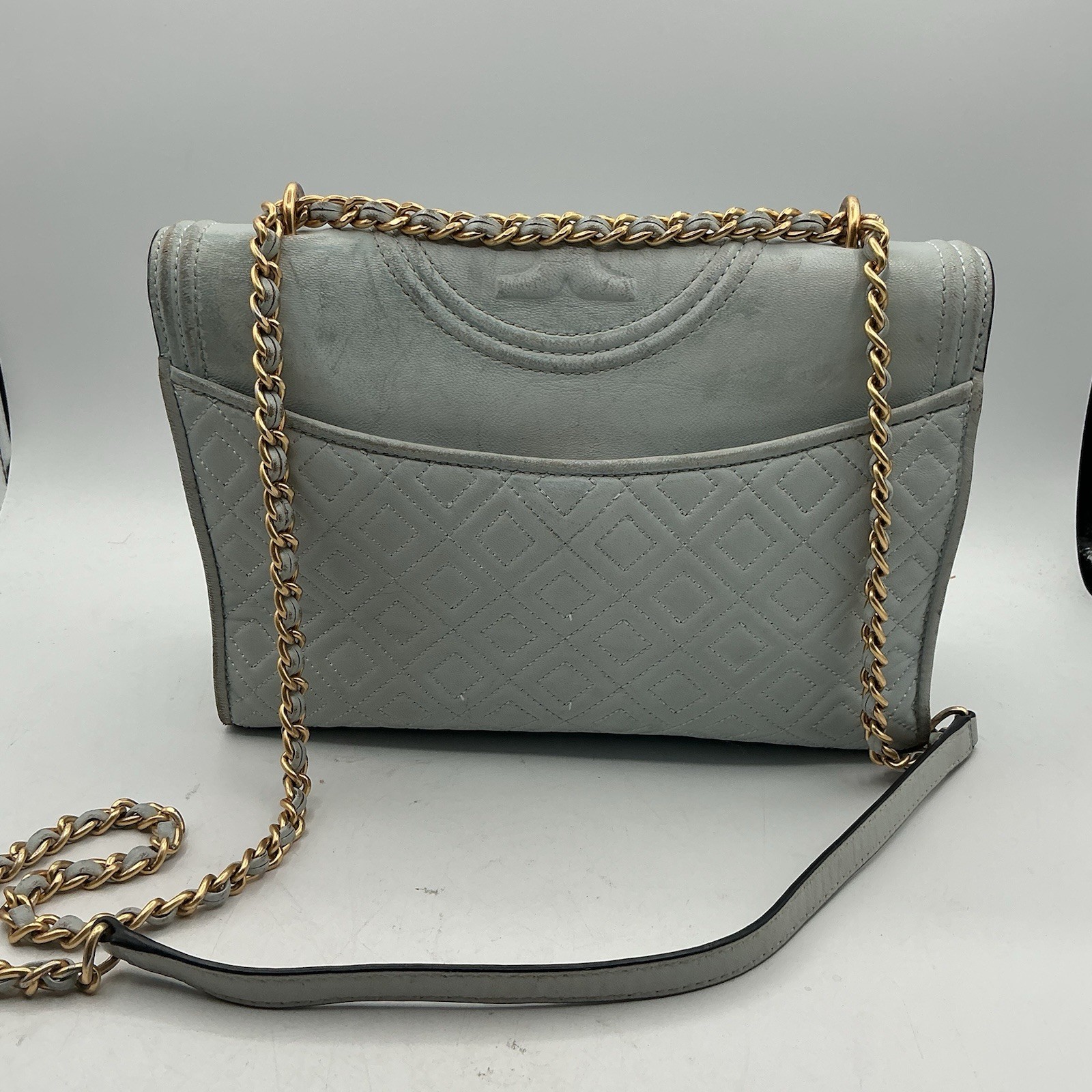 Tory Burch Fleming Light Blue Leather Quilted Chain Shoulder Crossbody Bag