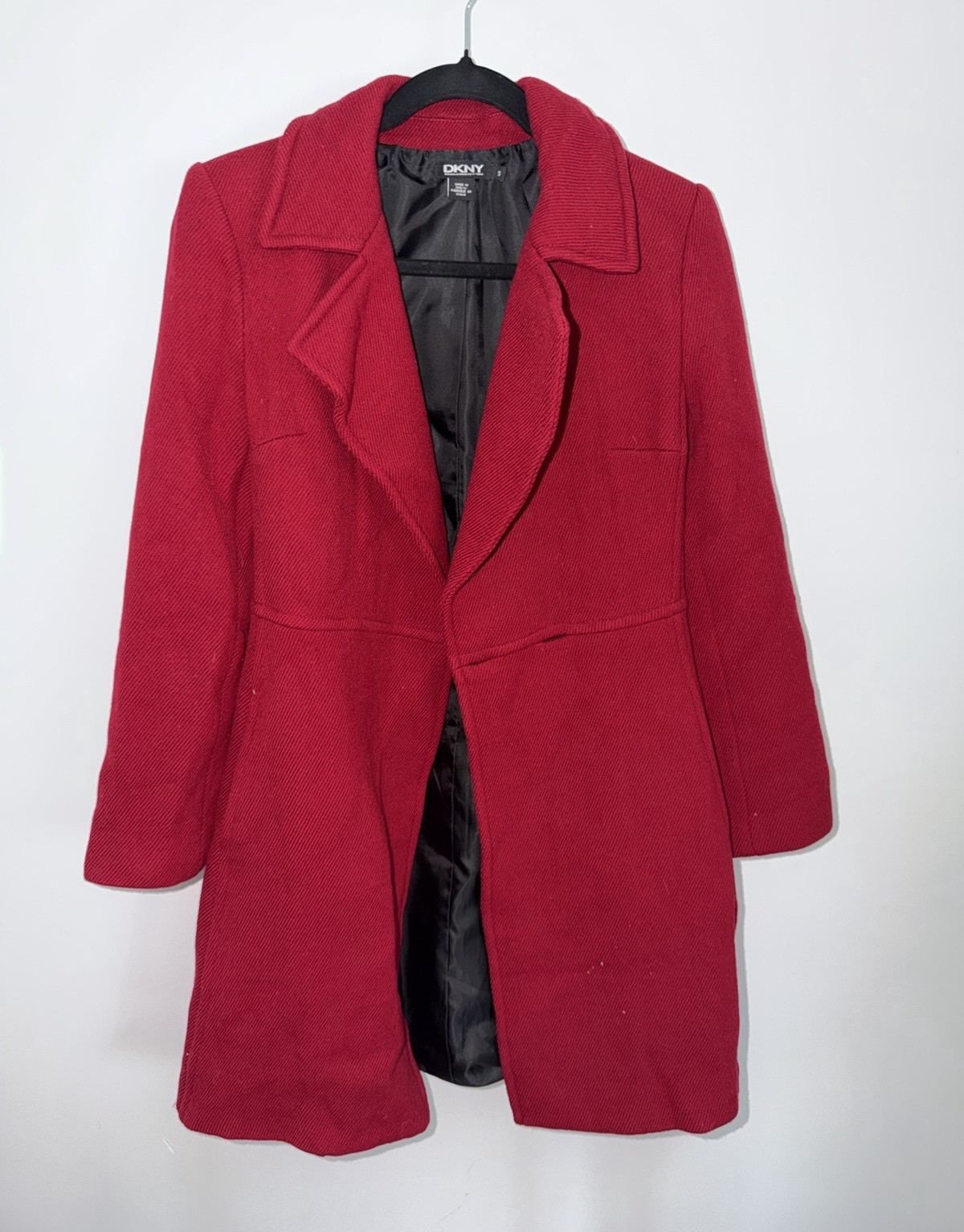DKNY Women’s S Red Wool Lined Mid-Length Overcoat Button Closure Collared