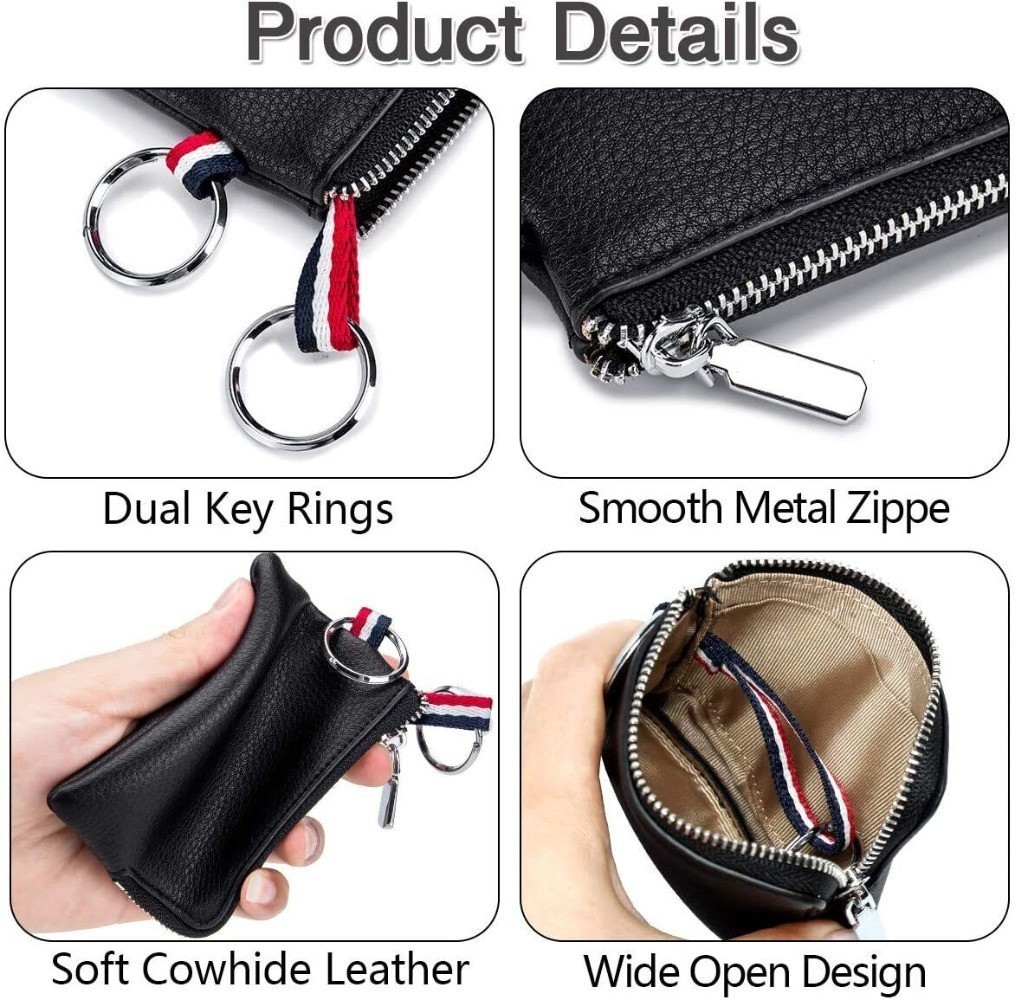 Genuine Leather Coin Purse Change Pouch With Zipper & Key Chain For Men Women