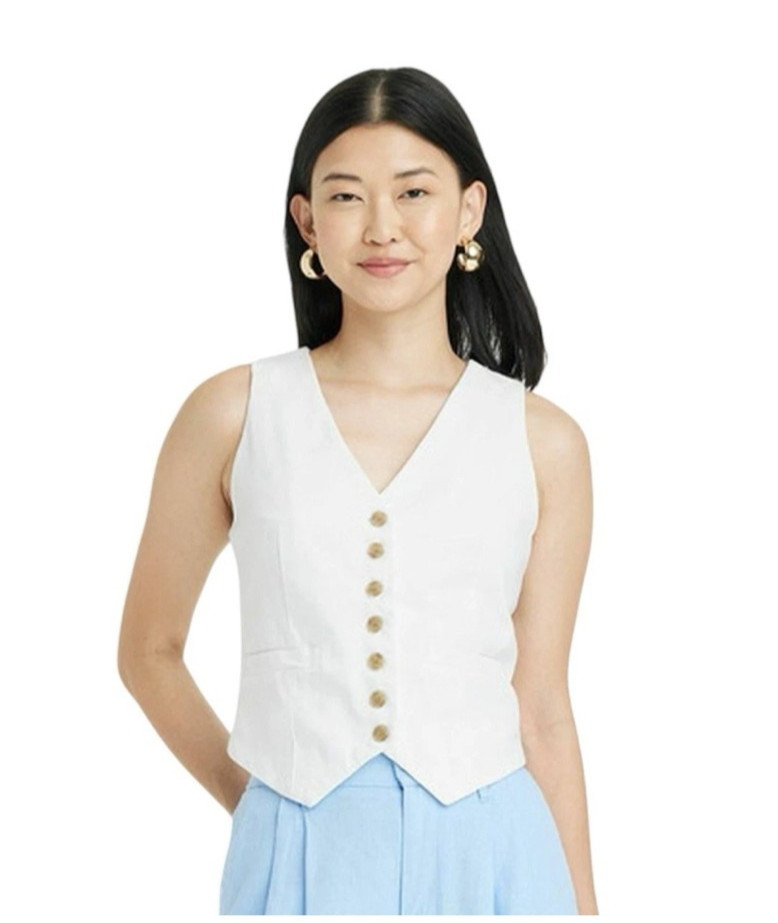 A New Day Ivory Rayon Linen Sleeveless Vest Tailored Button Down NWT XS S M L XL