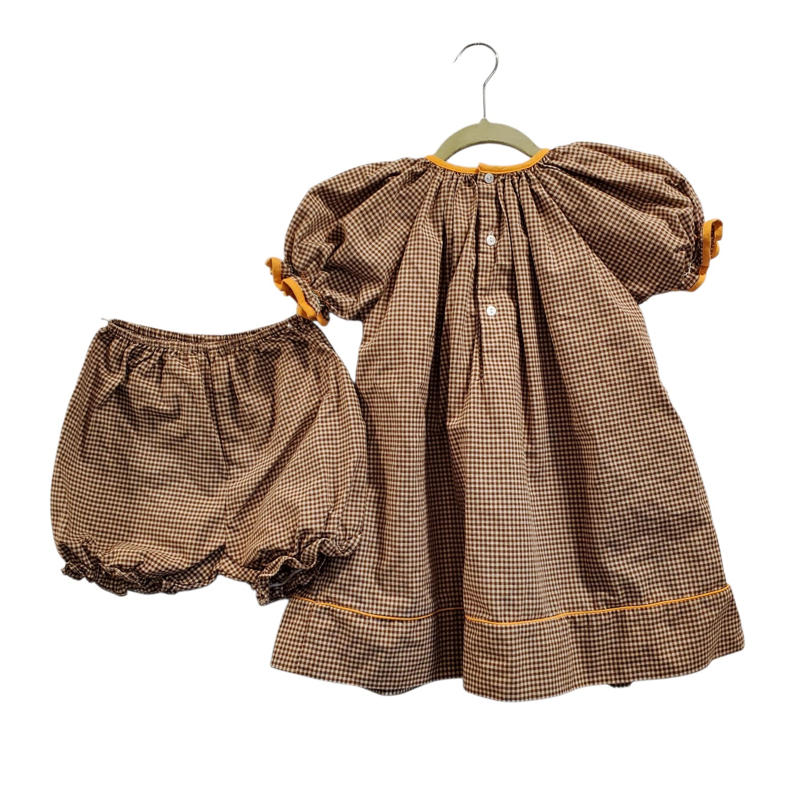 Petit Ami brown Fall Gingham Smocked pumpkin dress 12 Months W/ Bloomers