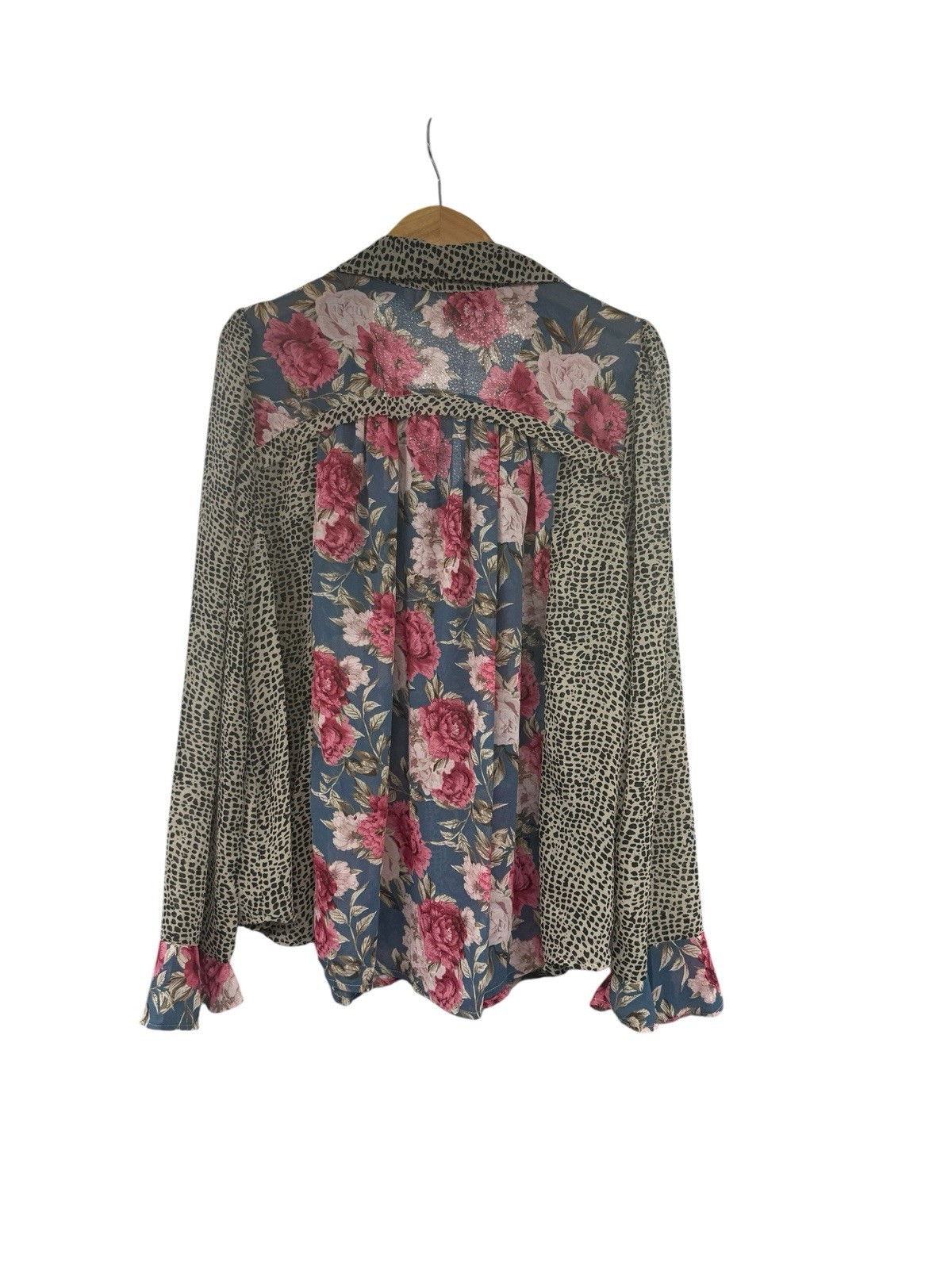 Umgee USA Floral Cheetah Chiffon Button Up Blouse Lightweight Womens XL