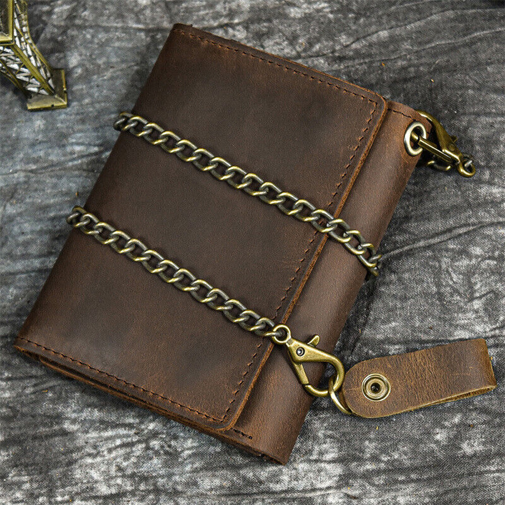 Men’s Tri-fold Vintage Leather Biker Chain wallet With snap Closur Zipper Purse#