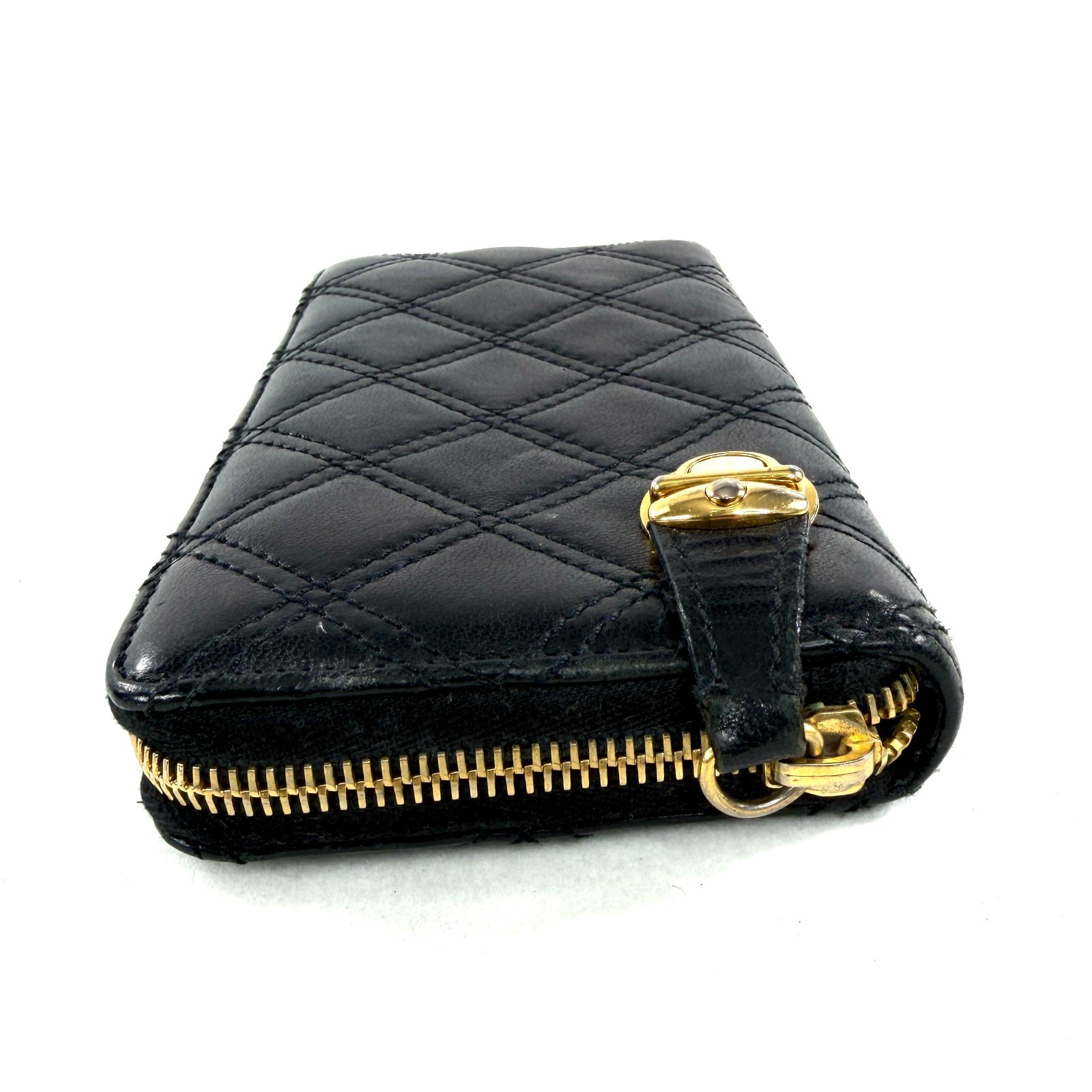 Marc Jacobs Black Quilted Leather Large Zip Around Wallet Clutch Brass Push Lock