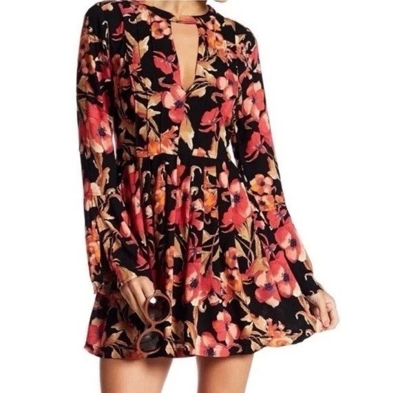 Free People Tegan Black Floral Mini Dress Boho Size 8 Pink Long Bell Sleeve