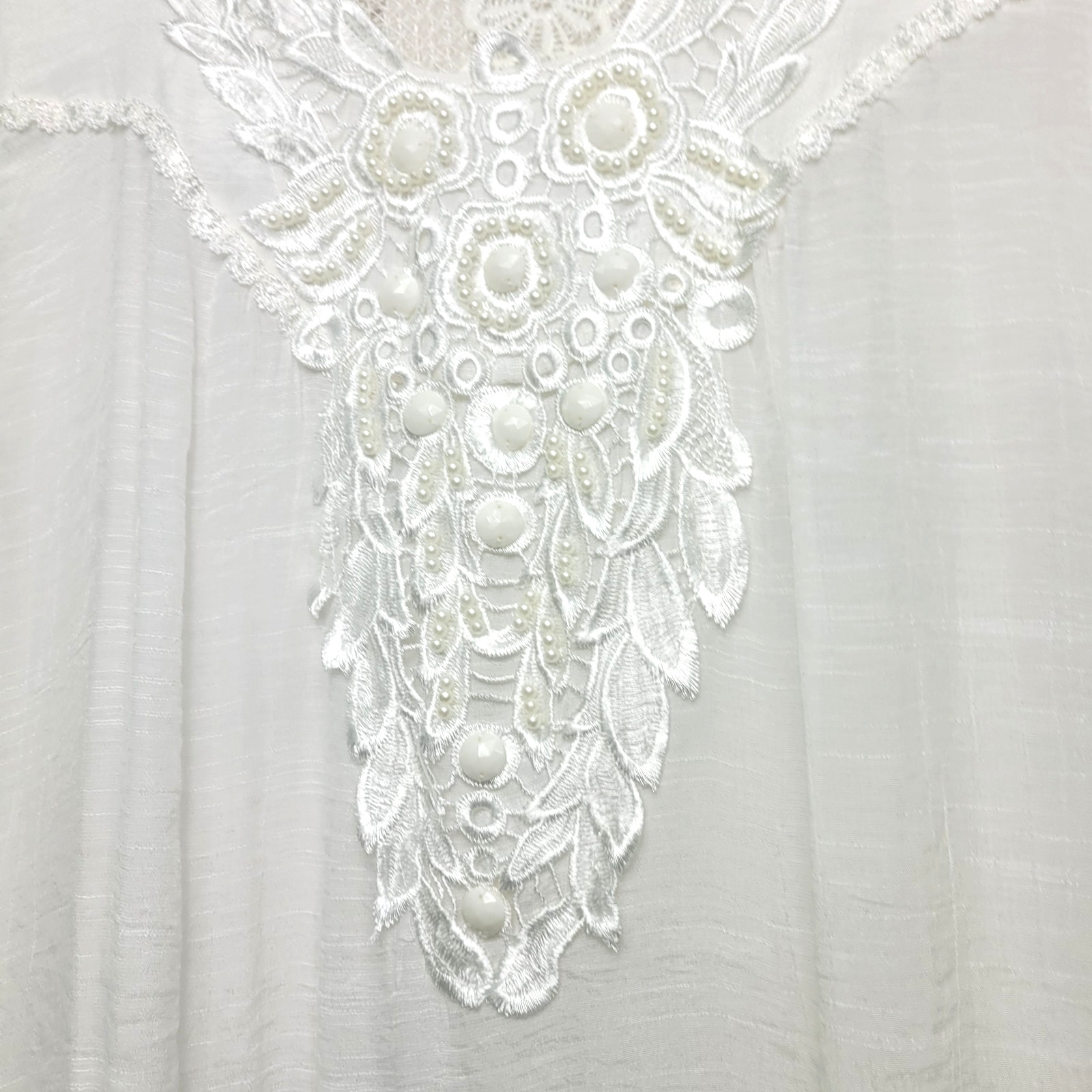 Pretty Angel White Crochet Trim Blouse L Pearl Embellished Scoop Neck Sheer Top