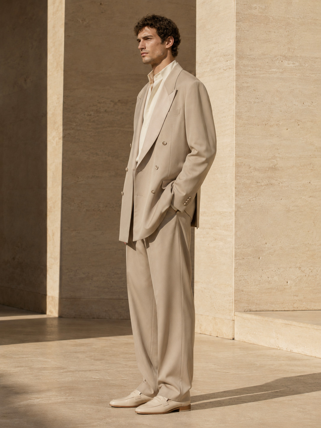Mens Beige Double Breasted 2 Piece Suit Oversized Blazer Wide Leg Pants Wedding