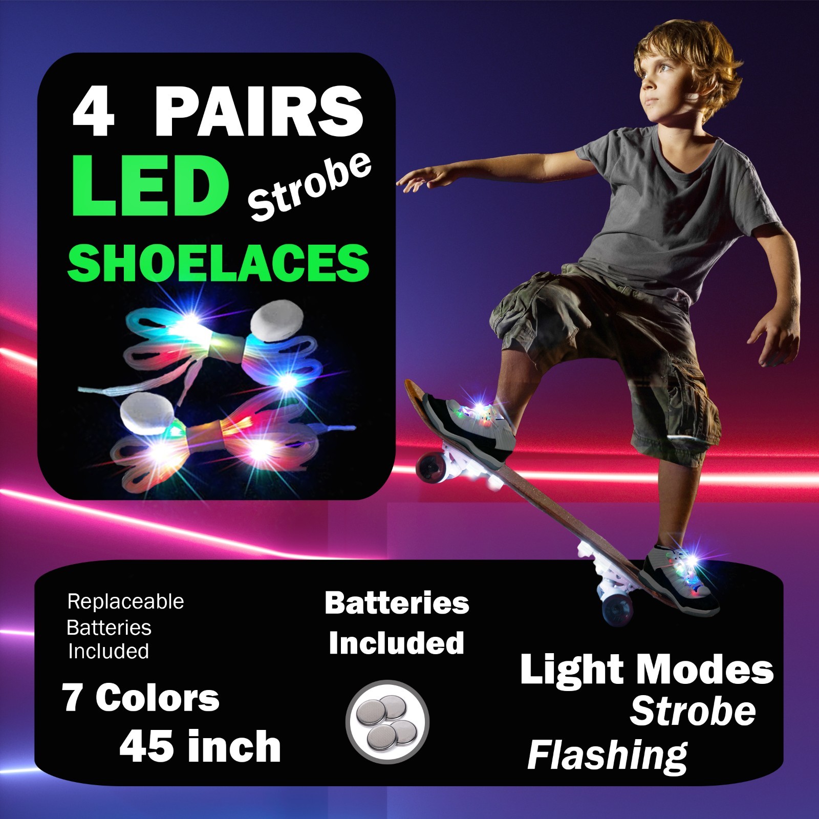 4 Pairs Light Up Shoelaces LED Lace Boys Costume Accessory Party Favor 7 Color