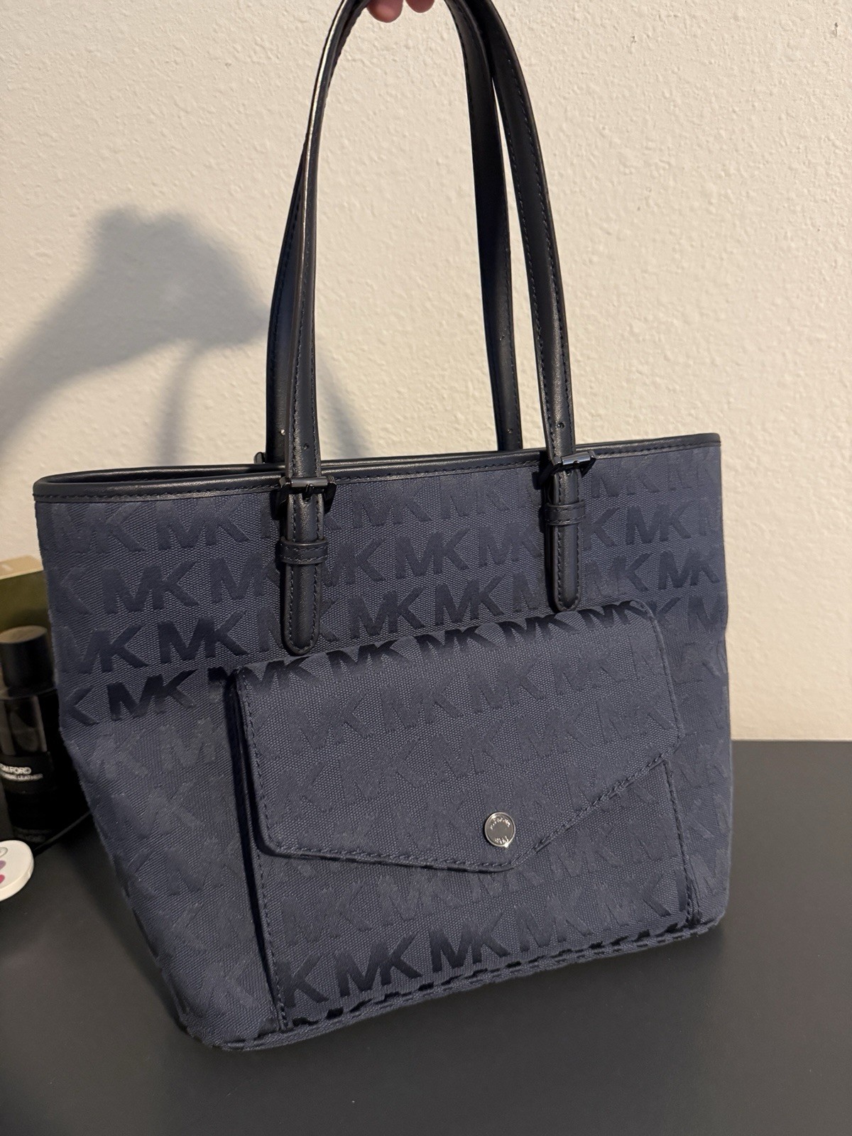 Michael Kors Navy MK Logo Tote with Front Pocket