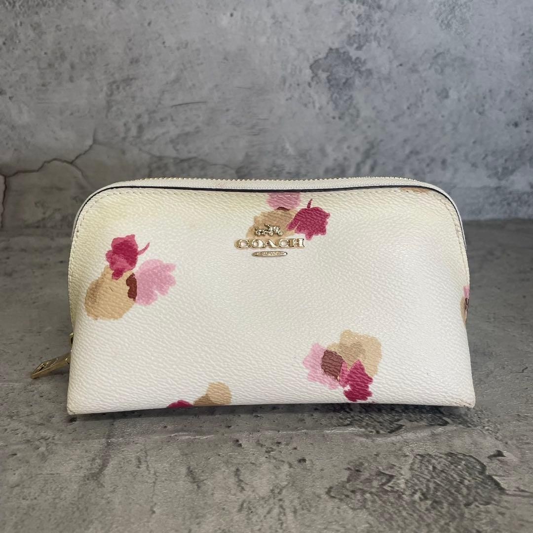 Excellent Condition COACH Cosmetic Pouch Multi Pouch Floral Leather Ivory