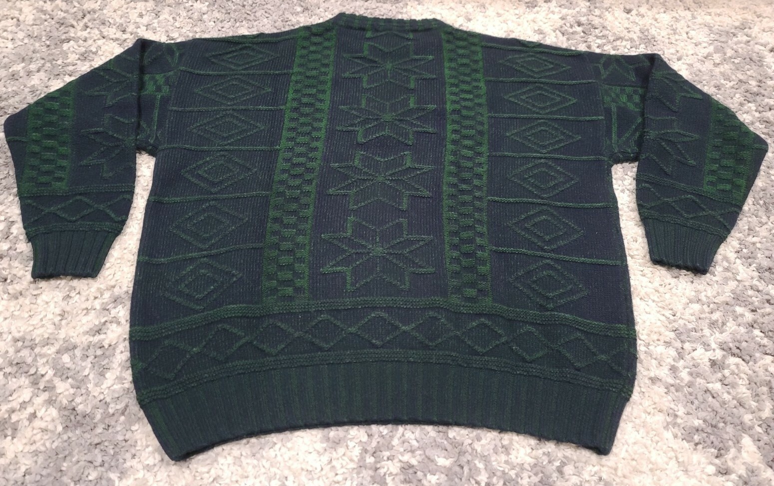 VTG Barbieri Knitwear Italy Fair Isle Knit Sweater Men XL Green Blue Wool Blend