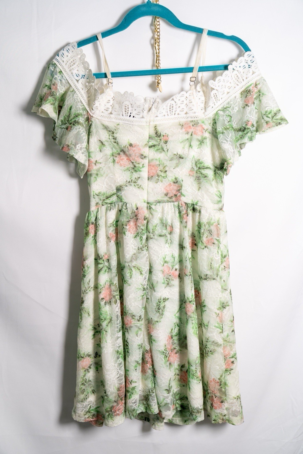 Princess Womens S White Green Pink Floral Lace Square Neck Flutter Sleeve Short