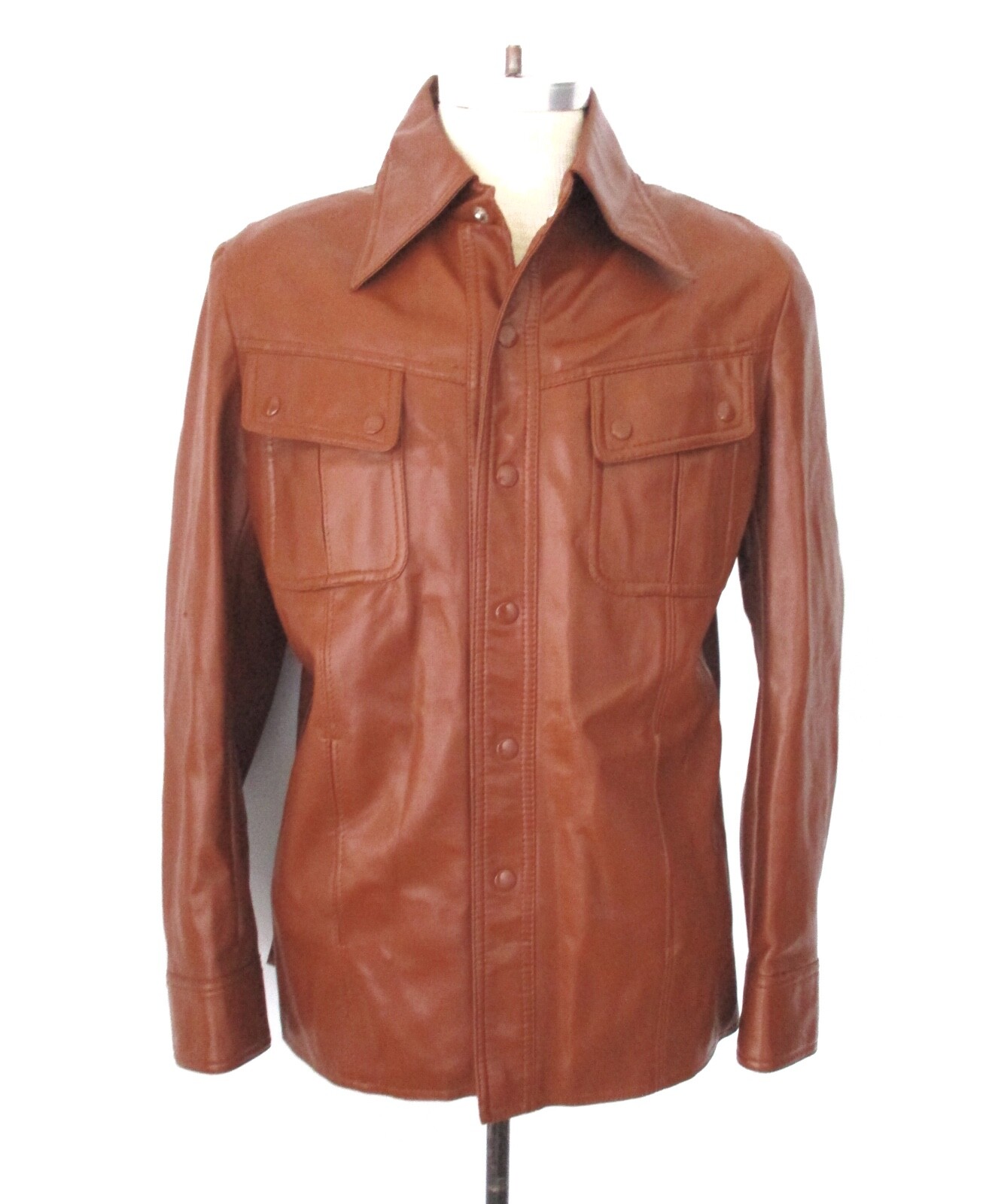 VGC Vtg 70s SUPERFLY Brown PVC Faux Leather Leisure Jacket Pockets Disco Pimp M